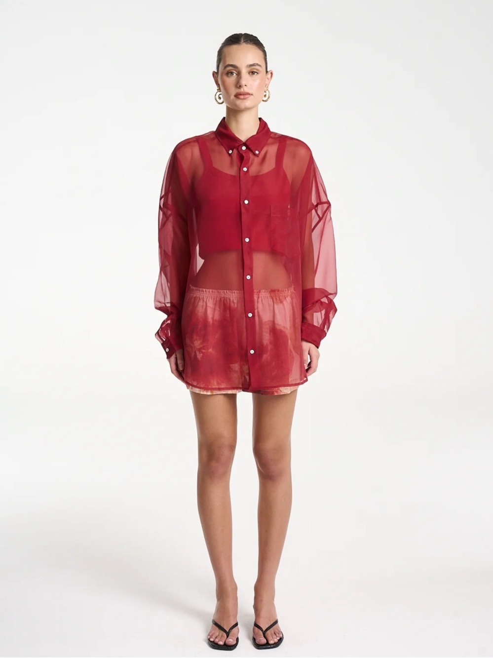 Sheer Red Button-Front Blouse 💯 silk